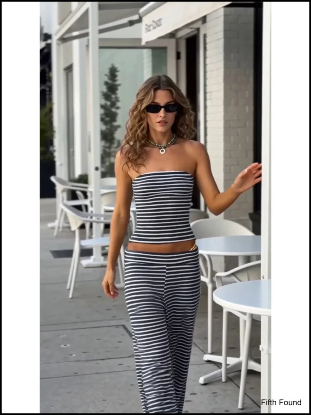 Striped 2 Piece Lounge Set: Strapless Crop Top & Wide Leg Pants